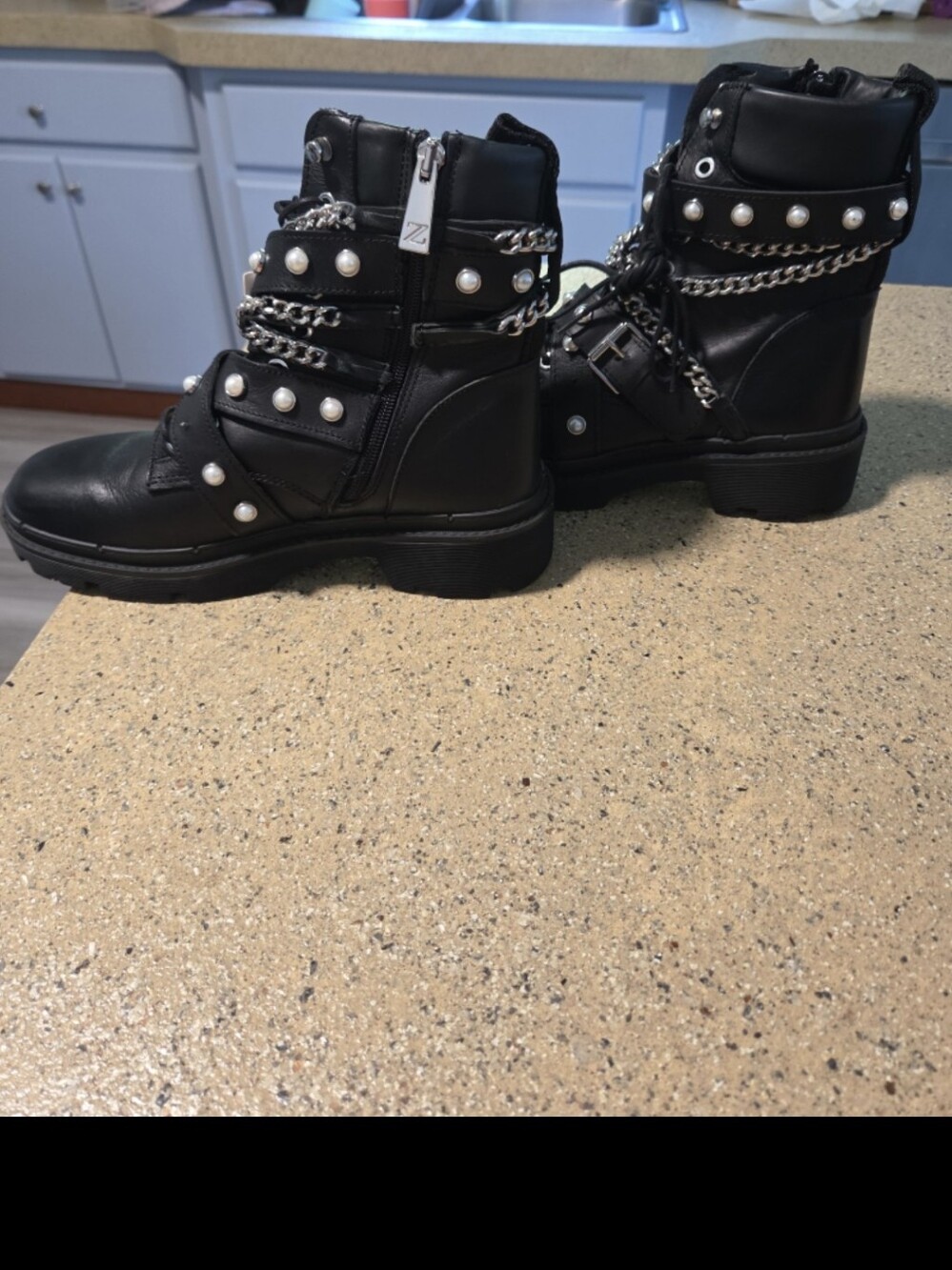 Zara Black Pearl & Chain Leather Combat Boots - Women's